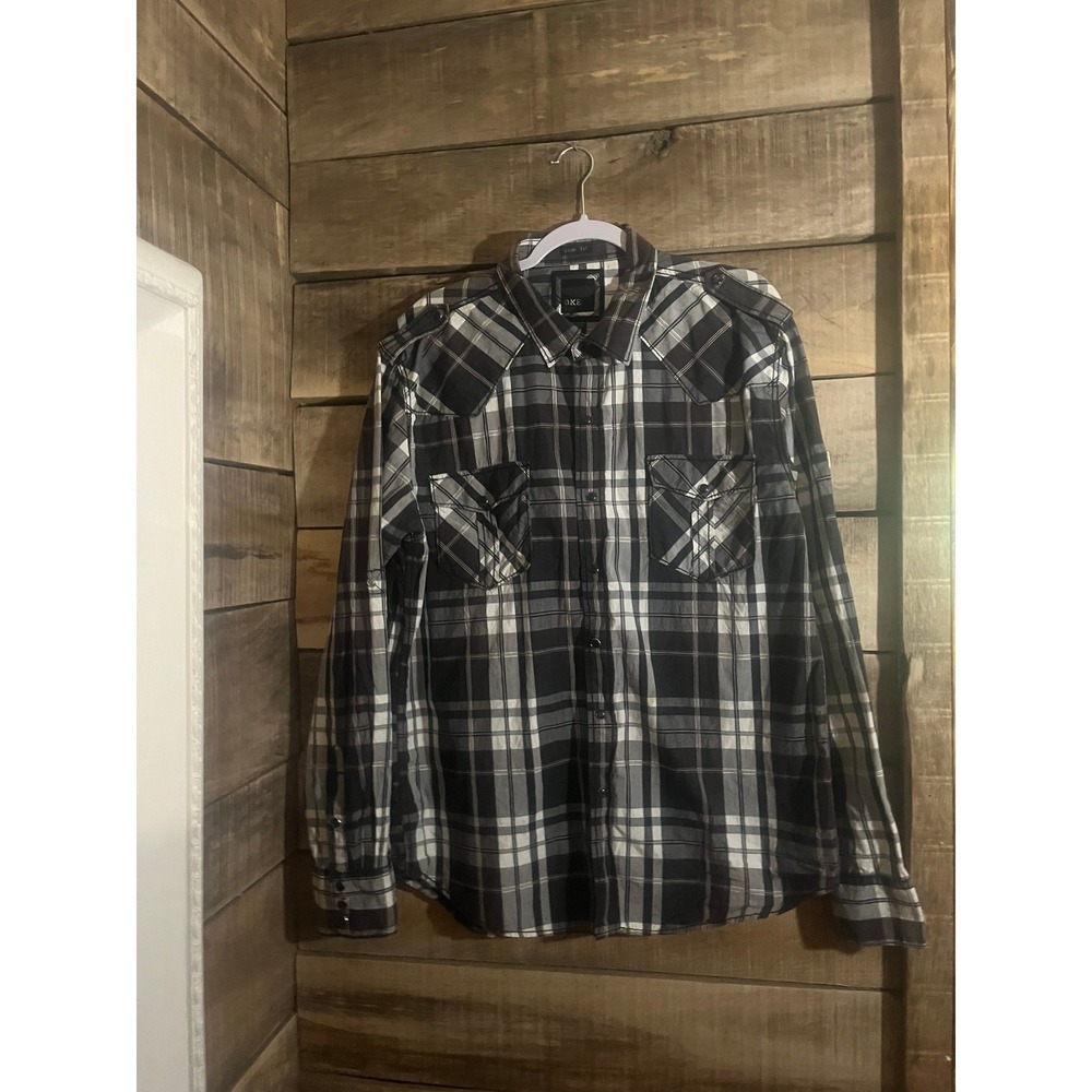 BKE Mens Slim Fit Plaid Western Button Down Shirt Black White Grey XL LS